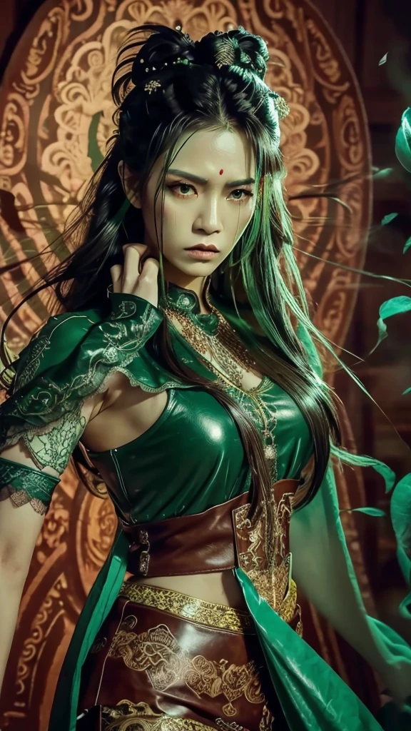 8K , Indonesian woman with tall body and long legs and muscular build, 38 years old , Woman wearing leather rock n roll clothes with lace, Dramatic images , Beautiful , Extremely detailed , Angry face , ((Hair blowing:1.3 )) , green hair, pose comes out of a magical portal