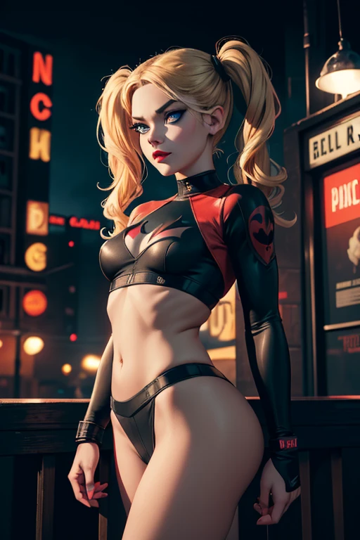 Harley Quinn, skinny girl,small and beautiful buttocks, toned abdomen, small and beautiful breasts, gorgeous blonde hair, classic hairstyle two pigtails, piercing blue eyes, red lips, tight-fitting red black outfit, posing seductively, Arkham asylum background, dark gritty gothic city, night, full moon, best quality, 4k, 8k, highres, masterpiece, ultra-detailed, realistic, photorealistic, photo-realistic, intricate details, dramatic lighting, cinematic composition, moody atmosphere, vibrant colors, neon lights