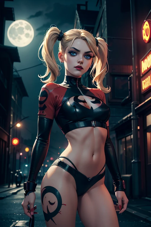 Harley Quinn, skinny girl,small and beautiful buttocks, toned abdomen, small and beautiful breasts, gorgeous blonde hair, classic hairstyle two pigtails, piercing blue eyes, red lips, tight-fitting red black outfit, posing seductively, Arkham asylum background, dark gritty gothic city, night, full moon, best quality, 4k, 8k, highres, masterpiece, ultra-detailed, realistic, photorealistic, photo-realistic, intricate details, dramatic lighting, cinematic composition, moody atmosphere, vibrant colors, neon lights