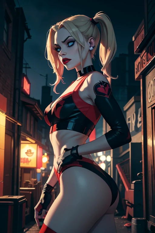 Harley Quinn, skinny girl,small and beautiful buttocks, toned abdomen, small and beautiful breasts, gorgeous blonde hair, classic hairstyle two pigtails, piercing blue eyes, red lips, tight-fitting red black outfit, posing seductively, Arkham asylum background, dark gritty gothic city, night, full moon, best quality, 4k, 8k, highres, masterpiece, ultra-detailed, realistic, photorealistic, photo-realistic, intricate details, dramatic lighting, cinematic composition, moody atmosphere, vibrant colors, neon lights