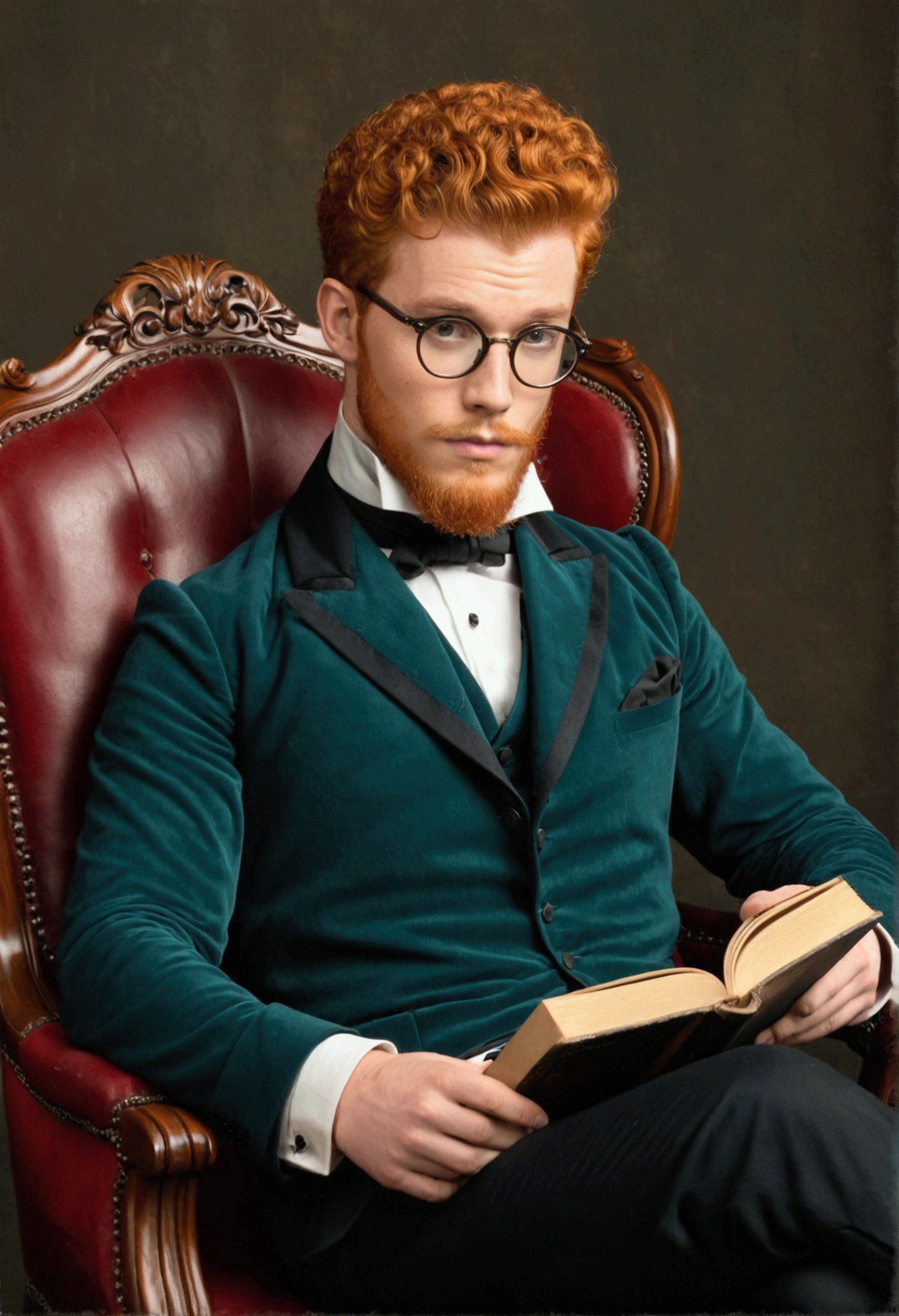 Young, handsome man, 26 years, Ginger, short curly hair, thick red beard, frowning, thoughtful look, looking away, sitting in a chair and holding a book. Dark eyes, wearing glasses with round frames. Broad-shouldered, thin, high. victorian era, dark