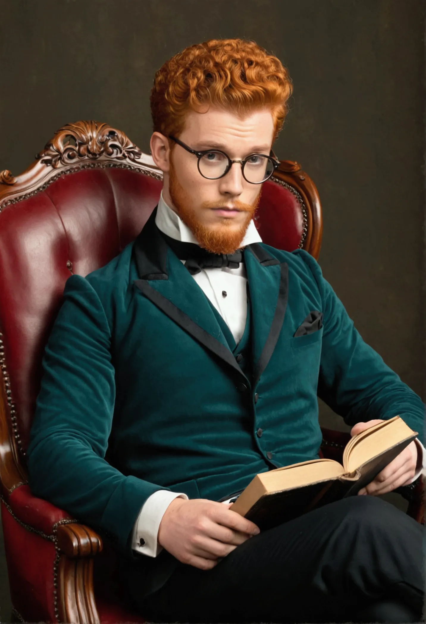 young, handsome man, 26 years, ginger, short curly hair, thick red beard, frowning, thoughtful look, looking away, sitting in a ...