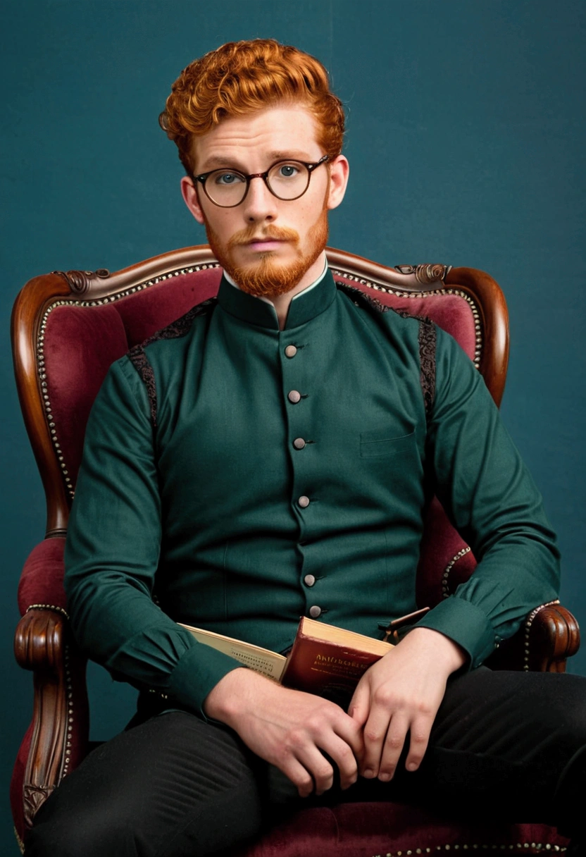 Young, handsome man, 26 years, Ginger, short curly hair, thick red beard, frowning, thoughtful look, looking away, sitting in a chair and holding a book. Dark eyes, wearing glasses with round frames. Broad-shouldered, thin, high. victorian era, dark