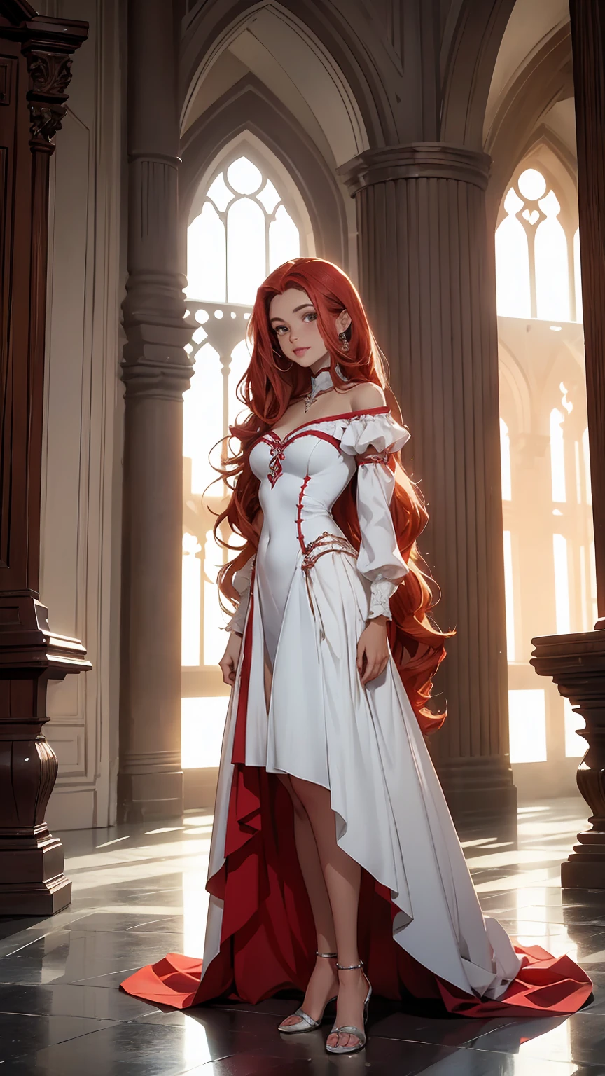 ((Full body photo, standing, feet on the ground)) Ariel, (best quality, masterful work), 1 chic, straight hair, wavy red hair, wide smile, supportive and comfortable, inside a castle, long hair
