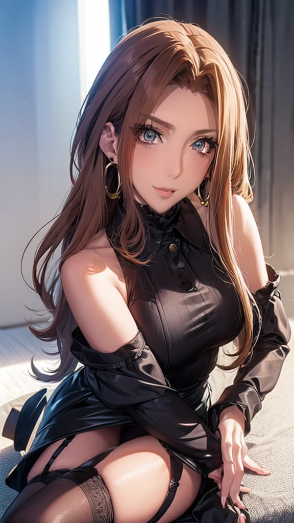 ((Crossing your legs))、(In-house)、((mechanical))、suit,Office Lady Cosplay, ((mini skirt)), ((Long Hair)),Ultra-high resolution, Mature Woman, Very detailed,Perfect hands, Detailed fingers, Beautiful details,Black choker, Earrings,(garter belt), (Black Stockings),Perfect Eyes, Seductive eyes, 