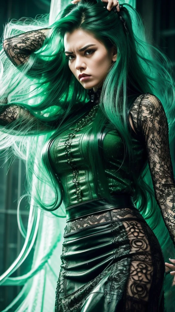 8K , Indonesian woman with tall body and long legs and muscular build, 38 years old , Woman wearing Maxi Lolita leather skirt rock n roll clothes with lace, Dramatic images , Beautiful , Extremely detailed , Angry face , ((Hair blowing:1.3 )) , green hair, pose comes out of a magical portal