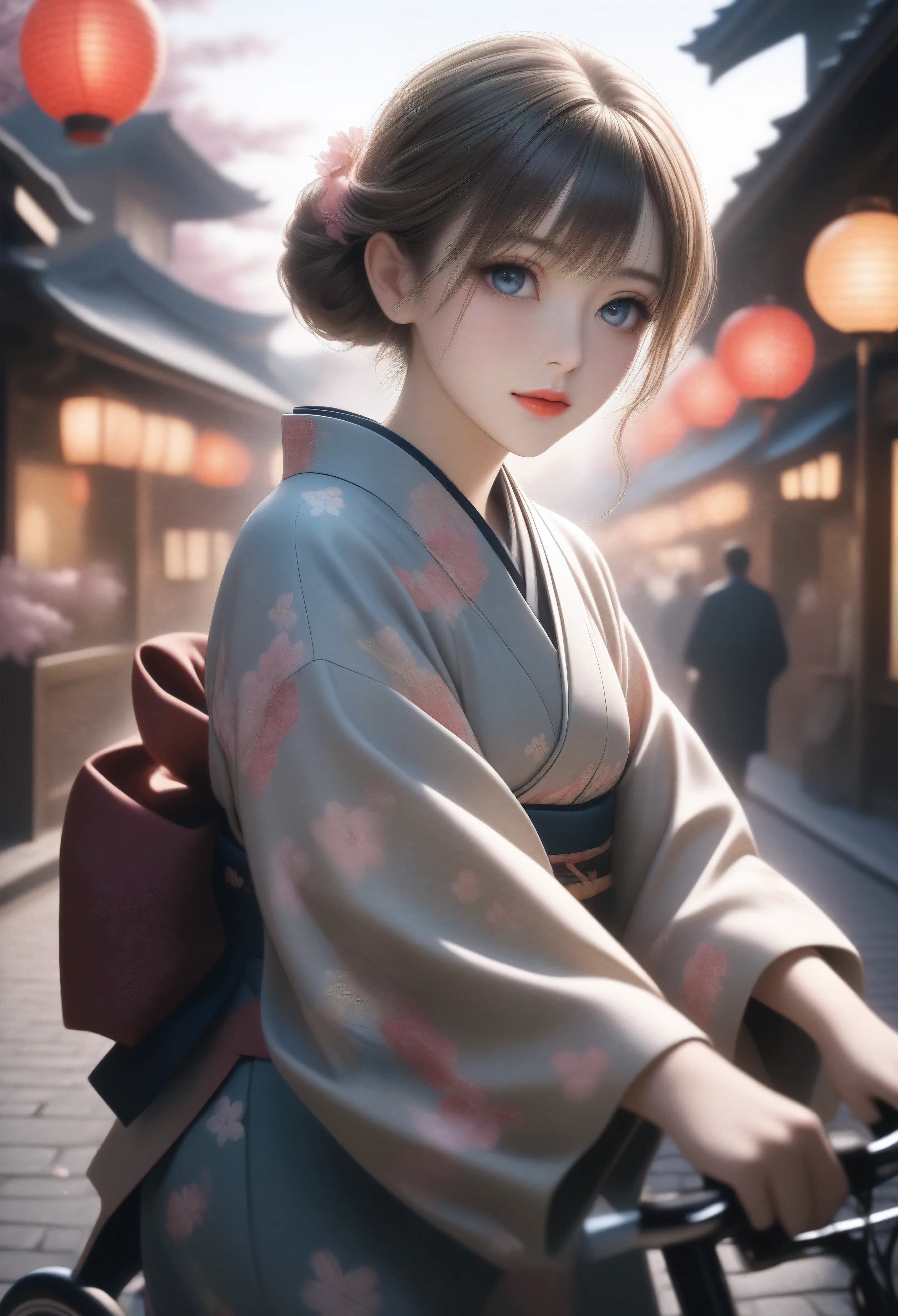 a woman wearing a traditional japanese kimono riding a japanese style bicycle, in an edo period castle town, beautiful detailed eyes, beautiful detailed lips, extremely detailed eyes and face, long eyelashes, detailed traditional japanese clothing, intricate kimono patterns, detailed architectural background, cobblestone streets, traditional japanese buildings, lanterns, cherry blossoms, soft lighting, muted color palette, cinematic composition, masterpiece, (best quality, 4k, 8k, highres, masterpiece:1.2), ultra-detailed, (realistic, photorealistic, photo-realistic:1.37), HDR, UHD, studio lighting, ultra-fine painting, sharp focus, physically-based rendering, extreme detail description, professional, vivid colors, bokeh