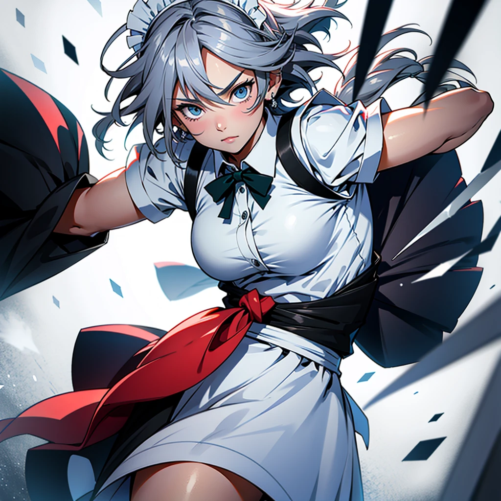 アニメ (8k, masterpiece, Best quality, high resolution), fantasy, Cute face, kawaii, Cute, Very big eyes, Aesthetic anime eyes, small face,
1 girl, only, (Izayoi Sakuya), blue eyes, Maid headdress, braid, gray hair, Maid, twin braiders, Short hair, cuffs, bow, hair bow, short sleeves, ribbon, apron, holding a knife, clock, serious, (light particles), lines of movement, dynamic angle, battle, wind, struggle, (cowboy shot), look at the viewer,