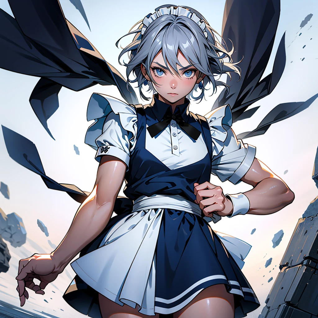 アニメ (8k, masterpiece, Best quality, high resolution), fantasy, Cute face, kawaii, Cute, Very big eyes, Aesthetic anime eyes, small face,
1 girl, only, (Izayoi Sakuya), blue eyes, Maid headdress, braid, gray hair, Maid, twin braiders, Short hair, cuffs, bow, hair bow, short sleeves, ribbon, apron, holding a knife, clock, serious, (light particles), lines of movement, dynamic angle, battle, wind, struggle, (cowboy shot), look at the viewer,