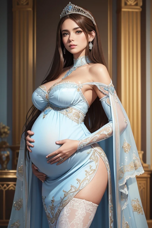 8k, masterpiece, very realistic, Full body (Sexy pregnant queen 1.2), very slim waist, slim thighs, elaborate detailed light blue detailed embroidered formal dress, long straight flowing (light white and brown hair 1.2), elaborate detailed patterned white stockings, medium breasts, pregnant, (curved back 1.2), silver tiara with light blue gems 