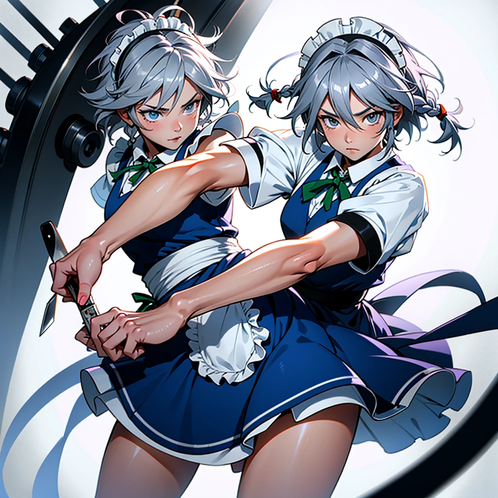 アニメ (8k, masterpiece, Best quality, high resolution), fantasy, Cute face, kawaii, Cute, Very big eyes, Aesthetic anime eyes, small face,
1 girl, only, (Izayoi Sakuya), blue eyes, Maid headdress, braid, gray hair, Maid, twin braiders, Short hair, cuffs, bow, hair bow, short sleeves, ribbon, apron, holding a knife, clock, serious, (light particles), lines of movement, dynamic angle, battle, wind, struggle, (cowboy shot), look at the viewer,