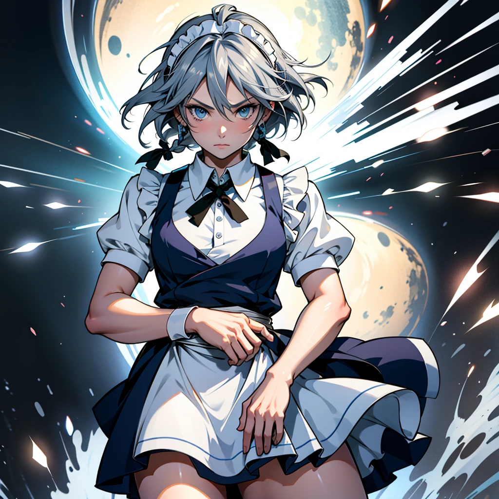 アニメ (8k, masterpiece, Best quality, high resolution), fantasy, Cute face, kawaii, Cute, Very big eyes, Aesthetic anime eyes, small face,
1 girl, only, (Izayoi Sakuya), blue eyes, Maid headdress, braid, gray hair, Maid, twin braiders, Short hair, cuffs, bow, hair bow, short sleeves, ribbon, apron, holding a knife, clock, serious, (light particles), lines of movement, dynamic angle, battle, wind, struggle, (cowboy shot), look at the viewer,