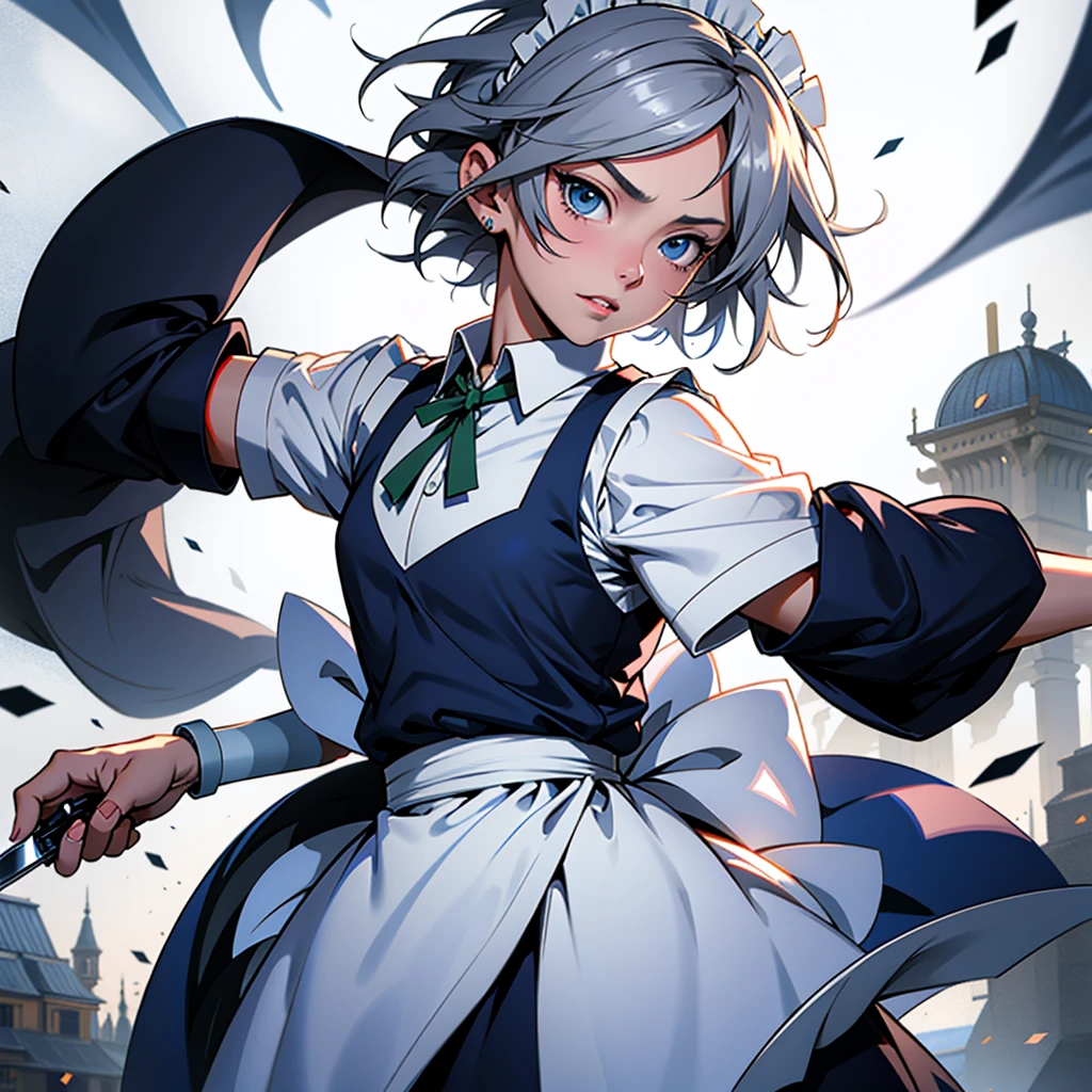 アニメ (8k, masterpiece, Best quality, high resolution), fantasy, Cute face, kawaii, Cute, Very big eyes, Aesthetic anime eyes, small face,
1 girl, only, (Izayoi Sakuya), blue eyes, Maid headdress, braid, gray hair, Maid, twin braiders, Short hair, cuffs, bow, hair bow, short sleeves, ribbon, apron, holding a knife, clock, serious, (light particles), lines of movement, dynamic angle, battle, wind, struggle, (cowboy shot), look at the viewer,