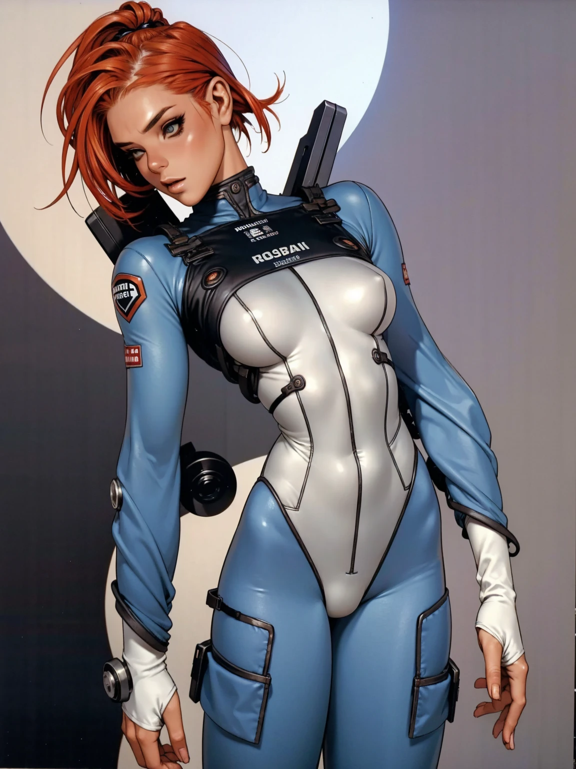 (((Brigitte Nielsen))), (((grey blue suit))), ((( soldier suit ))), (((Redhead short haircut))), (((Russian girl))), ((high collar)), (((grey blue army suit))), (((best qualityer: 1.4))), (Unbeatable masterpiece), (hiper HD),(CG 8k hyper-realistic), (((brave face))), (((breasts big))), (((hyper feminine))), sexly girl, ((( sculptural body ))), (((1 Kizi))), Kizi cibernética de 25 anos com perfectbody,,Beautiful and well-groomed face,muscular body:1.2,solid color detailed jacket, (Head to thigh photos)， Complex equipment, green dark，Long pants，Tight clothes are dark，With white stars and off-white stripes,,,,,Armor Metal Electronic Parts, Poison tattoos ) INFO, Kizi, (((standing alone))), pirralha violent, ((())), sexly, pose de atitude, work of art, post-apocalypse, (((manga style))), bounty hunter, violent, Manic, the way you want, slenderbody, thin but strong, perfectbody, roupa moderna, advanced technology, neon, sleeves with vertical striped pattern, neutral background, (( cowboy shot )). intricate visual