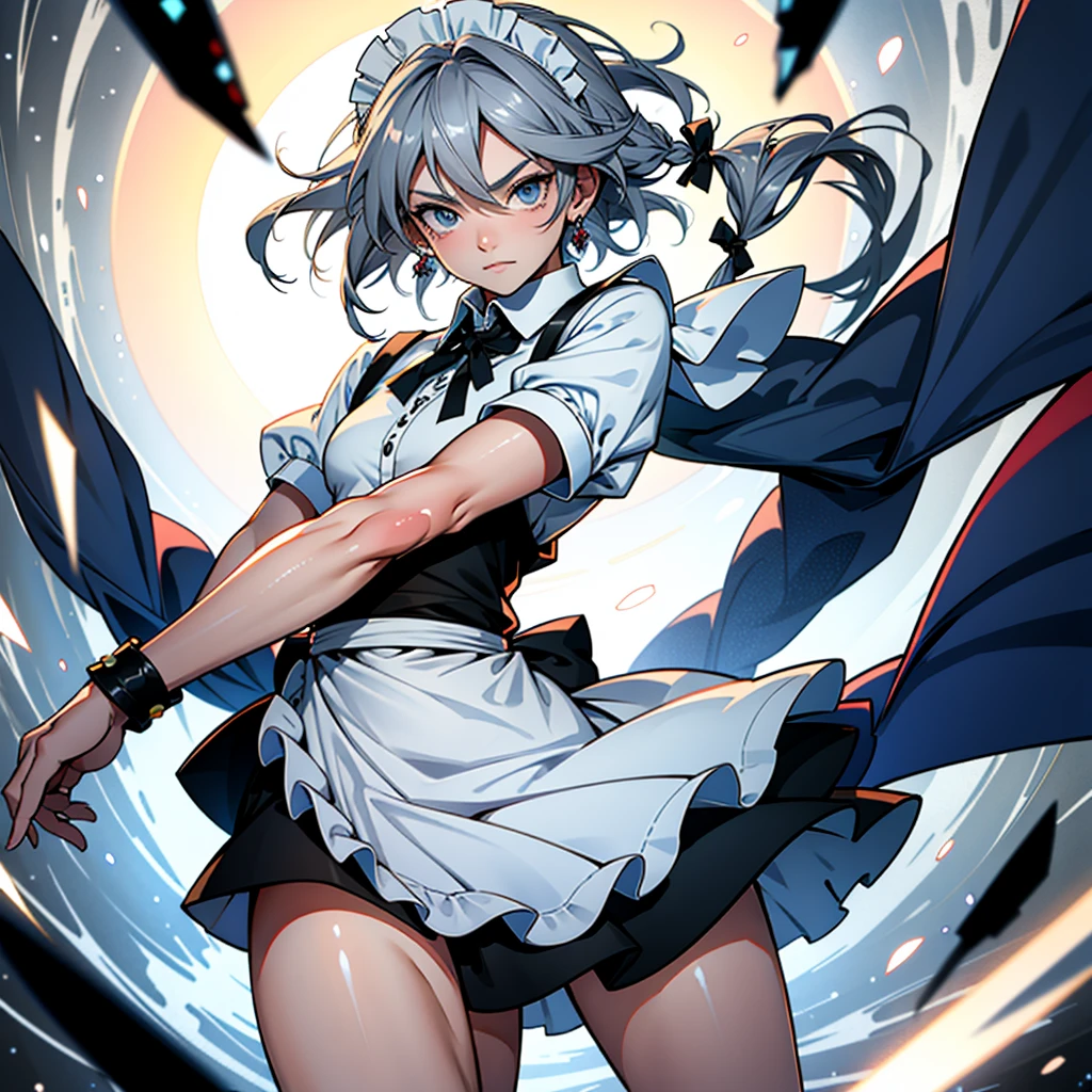 アニメ (8k, masterpiece, Best quality, high resolution), fantasy, Cute face, kawaii, Cute, Very big eyes, Aesthetic anime eyes, small face,
1 girl, only, (Izayoi Sakuya), blue eyes, Maid headdress, braid, gray hair, Maid, twin braiders, Short hair, cuffs, bow, hair bow, short sleeves, ribbon, apron, holding a knife, clock, serious, (light particles), lines of movement, dynamic angle, battle, wind, struggle, (cowboy shot), look at the viewer,