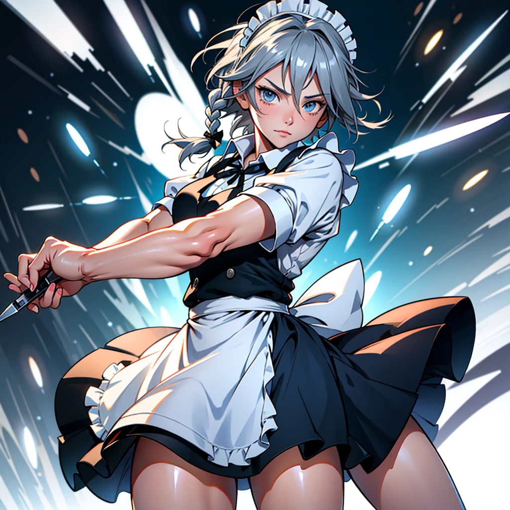 アニメ (8k, masterpiece, Best quality, high resolution), fantasy, Cute face, kawaii, Cute, Very big eyes, Aesthetic anime eyes, small face,
1 girl, only, (Izayoi Sakuya), blue eyes, Maid headdress, braid, gray hair, Maid, twin braiders, Short hair, cuffs, bow, hair bow, short sleeves, ribbon, apron, holding a knife, clock, serious, (light particles), lines of movement, dynamic angle, battle, wind, struggle, (cowboy shot), look at the viewer,