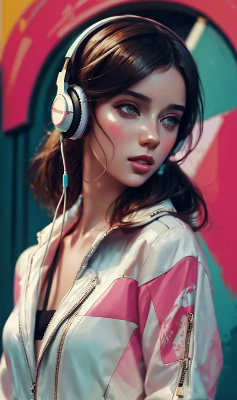 model girl wearing headphones, city background, intricate details, aesthetically pleasing pastel colors, poster background, art ...