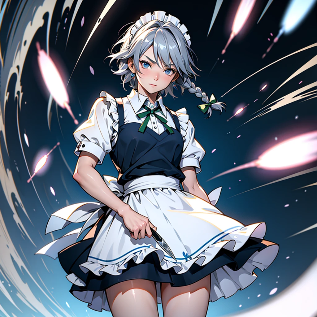 アニメ (8k, masterpiece, Best quality, high resolution), fantasy, Cute face, kawaii, Cute, Very big eyes, Aesthetic anime eyes, small face,
1 girl, only, (Izayoi Sakuya), blue eyes, Maid headdress, braid, gray hair, Maid, twin braiders, Short hair, cuffs, bow, hair bow, short sleeves, ribbon, apron, holding a knife, clock, serious, (light particles), lines of movement, dynamic angle, battle, wind, struggle, (cowboy shot), look at the viewer,