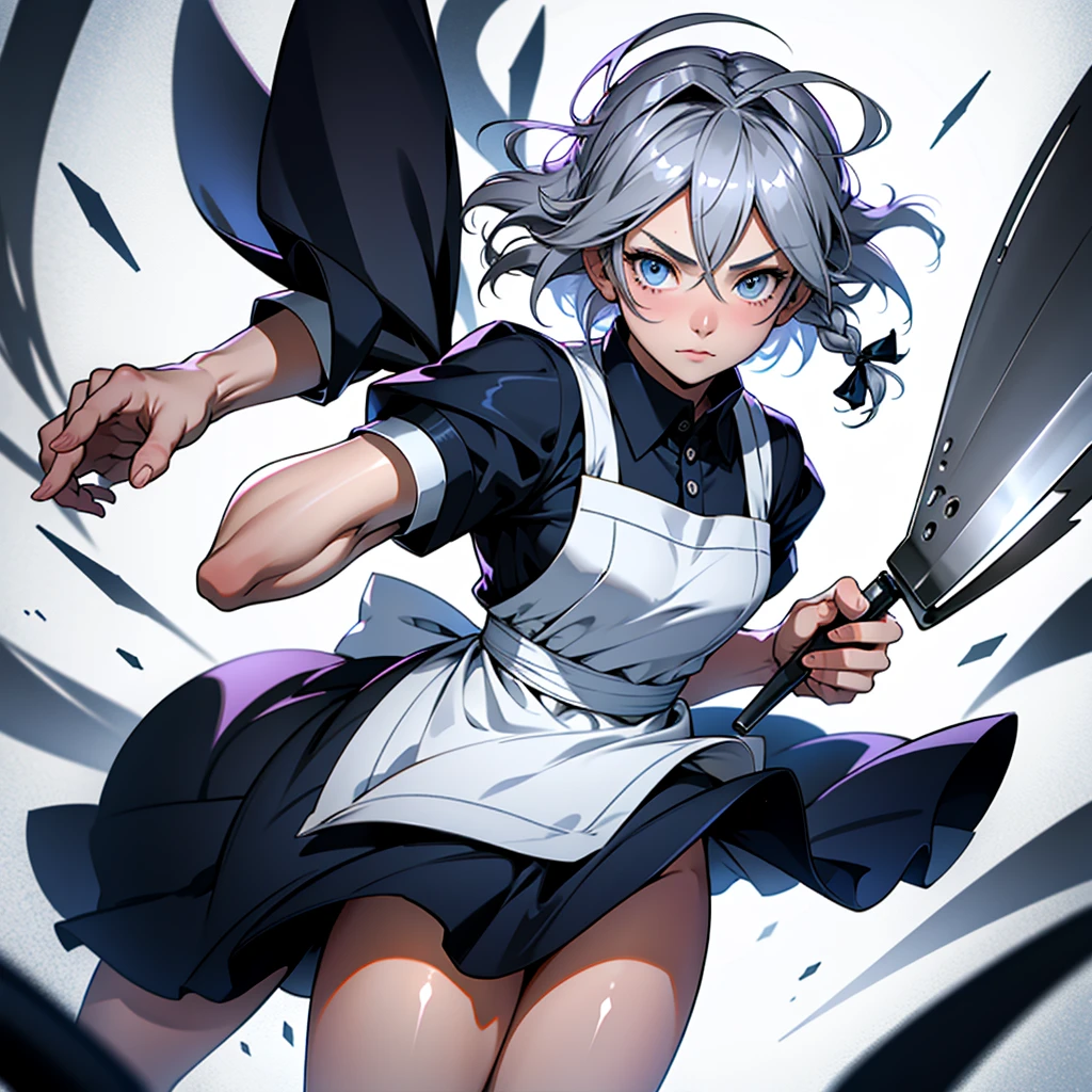 アニメ (8k, masterpiece, Best quality, high resolution), fantasy, Cute face, kawaii, Cute, Very big eyes, Aesthetic anime eyes, small face,
1 girl, only, (Izayoi Sakuya), blue eyes, Maid headdress, braid, gray hair, Maid, twin braiders, Short hair, cuffs, bow, hair bow, short sleeves, ribbon, apron, holding a knife, clock, serious, (light particles), lines of movement, dynamic angle, battle, wind, struggle, (cowboy shot), look at the viewer,