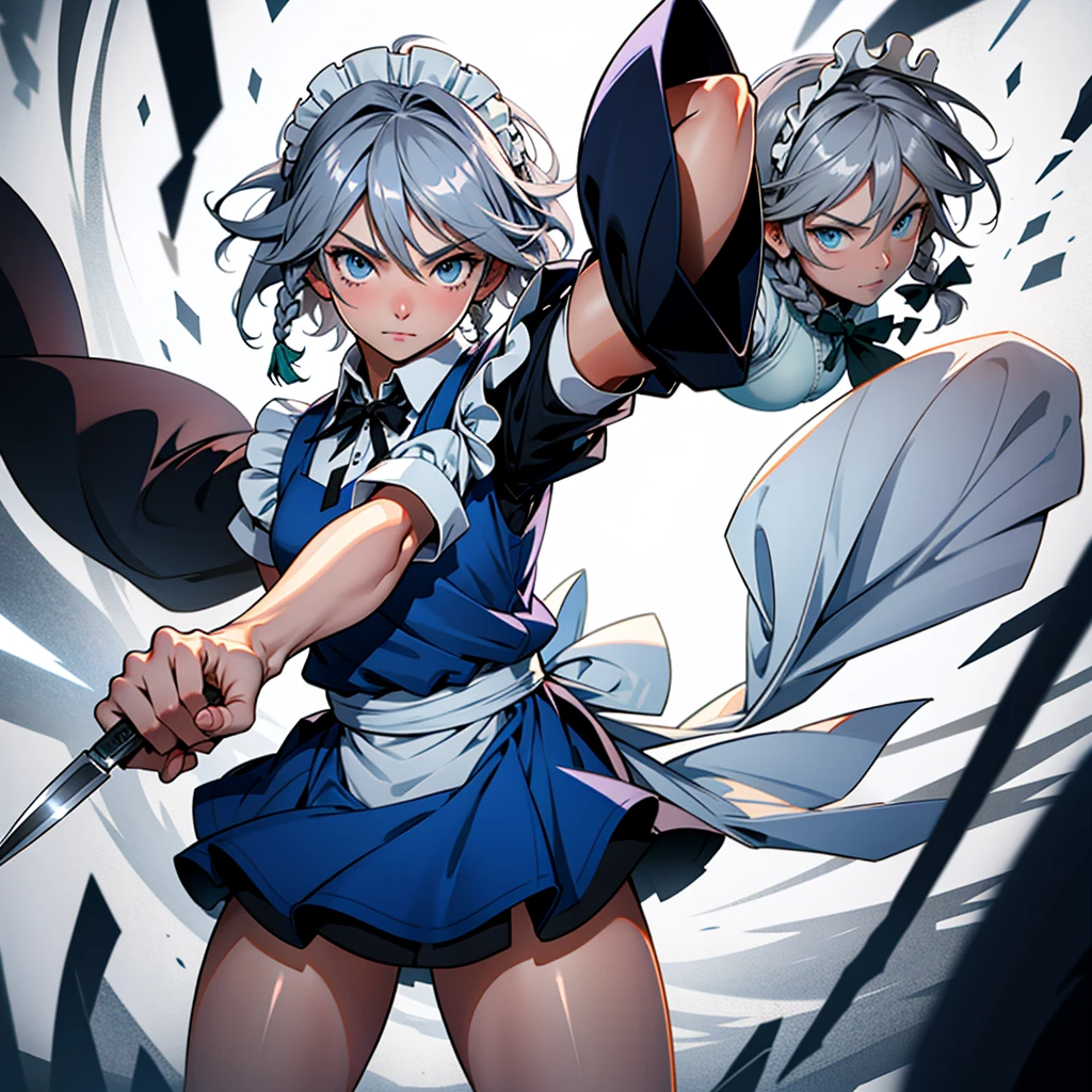 アニメ (8k, masterpiece, Best quality, high resolution), fantasy, Cute face, kawaii, Cute, Very big eyes, Aesthetic anime eyes, small face,
1 girl, only, (Izayoi Sakuya), blue eyes, Maid headdress, braid, gray hair, Maid, twin braiders, Short hair, cuffs, bow, hair bow, short sleeves, ribbon, apron, holding a knife, clock, serious, (light particles), lines of movement, dynamic angle, battle, wind, struggle, (cowboy shot), look at the viewer,