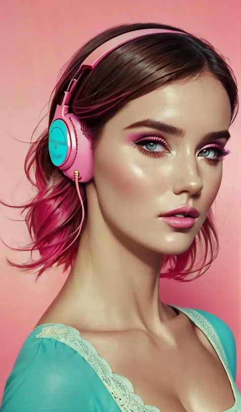 model girl wearing headphones, city background, intricate details, aesthetically pleasing pastel colors, poster background, art ...