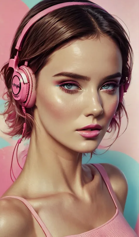 model girl wearing headphones, city background, intricate details, aesthetically pleasing pastel colors, poster background, art ...