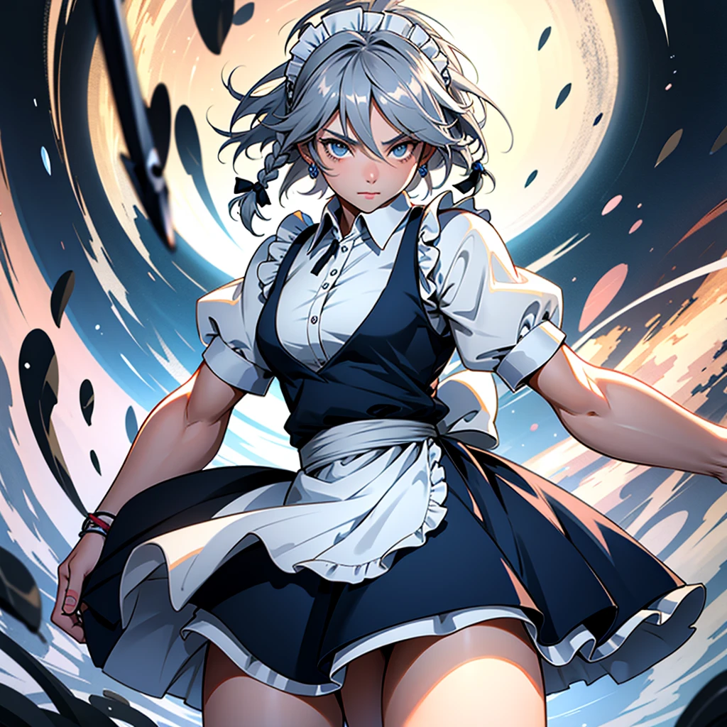 アニメ (8k, masterpiece, Best quality, high resolution), fantasy, Cute face, kawaii, Cute, Very big eyes, Aesthetic anime eyes, small face,
1 girl, only, (Izayoi Sakuya), blue eyes, Maid headdress, braid, gray hair, Maid, twin braiders, Short hair, cuffs, bow, hair bow, short sleeves, ribbon, apron, holding a knife, clock, serious, (light particles), lines of movement, dynamic angle, battle, wind, struggle, (cowboy shot), look at the viewer,