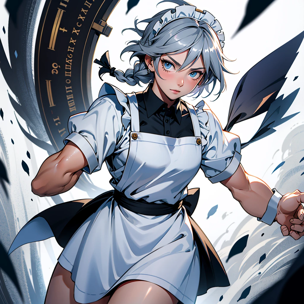 アニメ (8k, masterpiece, Best quality, high resolution), fantasy, Cute face, kawaii, Cute, Very big eyes, Aesthetic anime eyes, small face,
1 girl, only, (Izayoi Sakuya), blue eyes, Maid headdress, braid, gray hair, Maid, twin braiders, Short hair, cuffs, bow, hair bow, short sleeves, ribbon, apron, holding a knife, clock, serious, (light particles), lines of movement, dynamic angle, battle, wind, struggle, (cowboy shot), look at the viewer,