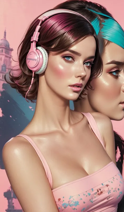 model girl wearing headphones, city background, intricate details, aesthetically pleasing pastel colors, poster background, art ...