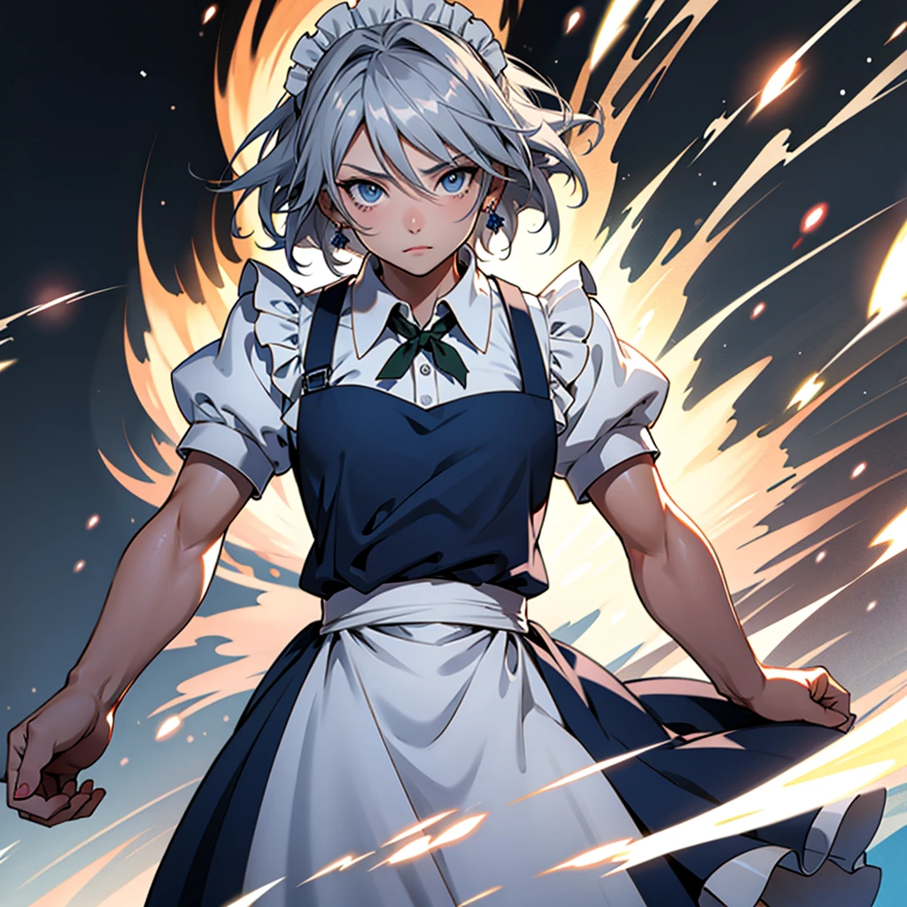 アニメ (8k, masterpiece, Best quality, high resolution), fantasy, Cute face, kawaii, Cute, Very big eyes, Aesthetic anime eyes, small face,
1 girl, only, (Izayoi Sakuya), blue eyes, Maid headdress, braid, gray hair, Maid, twin braiders, Short hair, cuffs, bow, hair bow, short sleeves, ribbon, apron, holding a knife, clock, serious, (light particles), lines of movement, dynamic angle, battle, wind, struggle, (cowboy shot), look at the viewer,