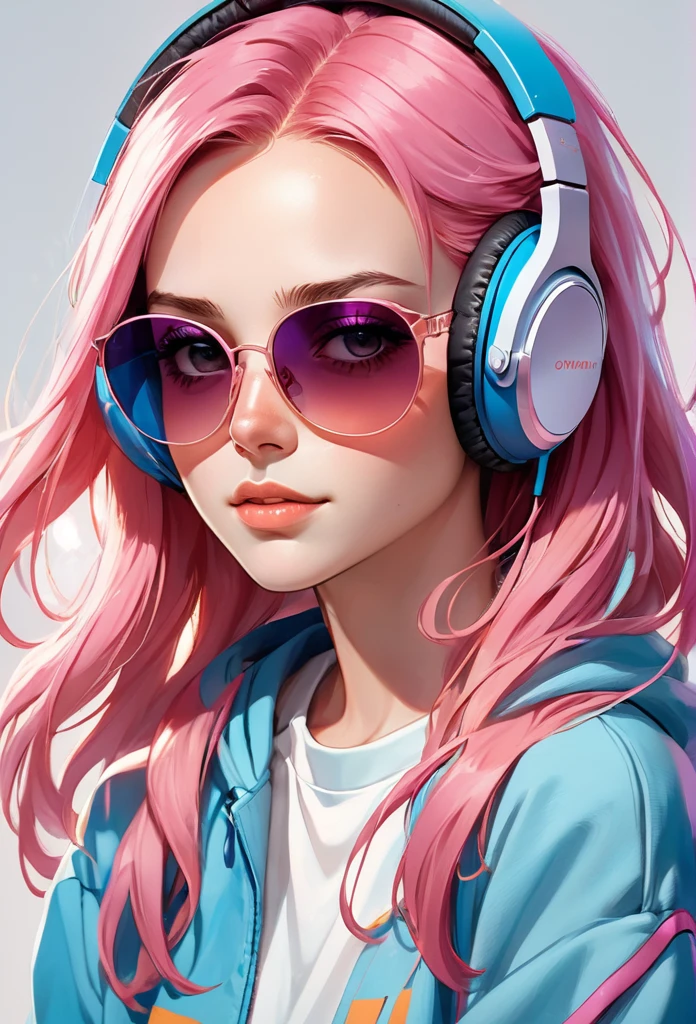 In the image, we see a young woman with vibrant pink hair wearing headphones. She has a confident expression on her face and appears to be enjoying listening to music. The headphones are over her ears, and she is wearing a white sweatshirt. The woman''s age is estimated to be around 22 years old, and she is identified as female. The colors in the image include shades of pink, purple, and blue. The focus is on the woman''s face and hair, showcasing her unique style and personality.