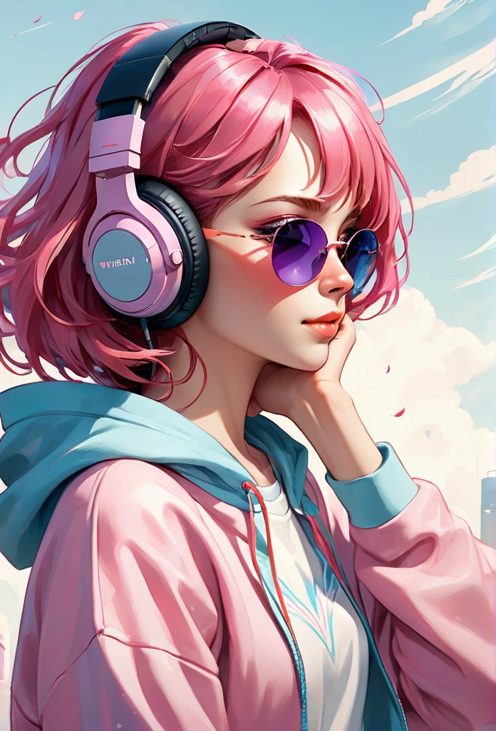 In the image, we see a young woman with vibrant pink hair wearing headphones. She has a confident expression on her face and appears to be enjoying listening to music. The headphones are over her ears, and she is wearing a white sweatshirt. The woman''s age is estimated to be around 22 years old, and she is identified as female. The colors in the image include shades of pink, purple, and blue. The focus is on the woman''s face and hair, showcasing her unique style and personality.