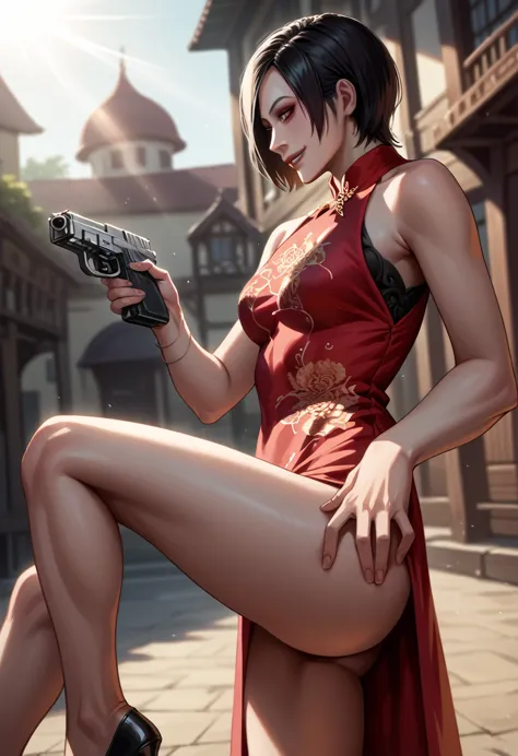 1 girl， solo， ada wong in the resident evil 4 remake， short detailed hair， brunette color hair， red cheongsam， short-sleeved shi...