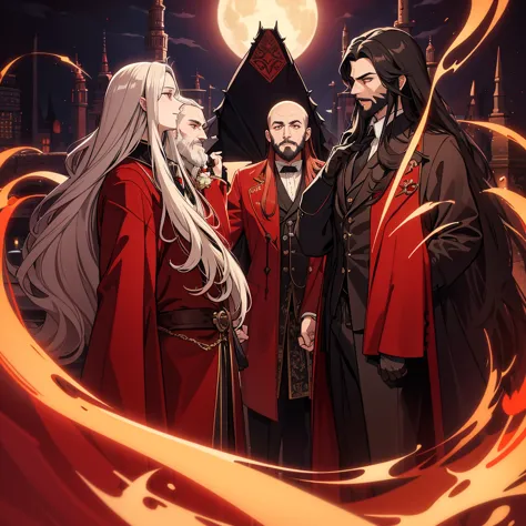 a man with long hair and a beard, wearing a red vampire coat, a male member of the Banu Hakim clan, vampire lord, Castelvania, C...