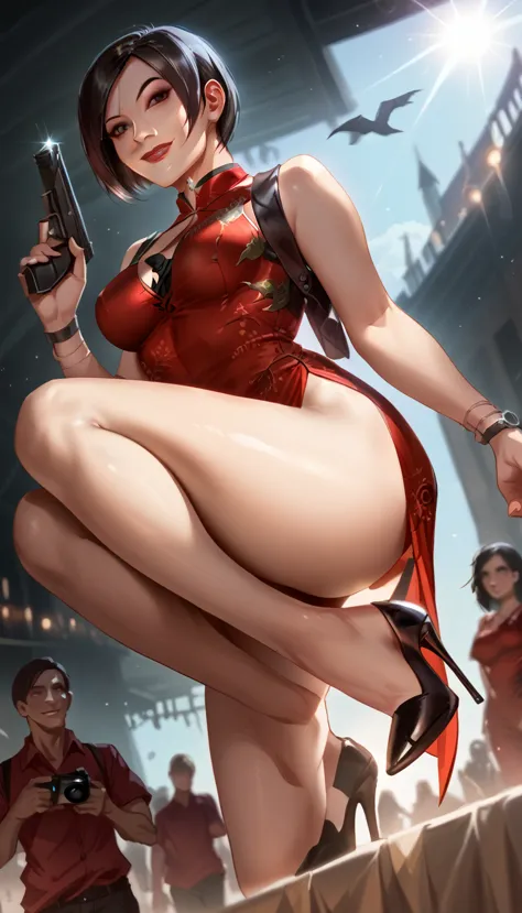 1 girl， solo， ada wong in the resident evil 4 remake， short detailed hair， brunette color hair， red cheongsam， short-sleeved shi...