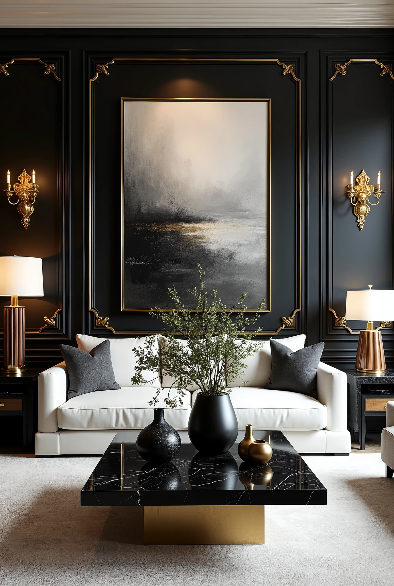 Arafed living room with a black and white painting and a gold coffee