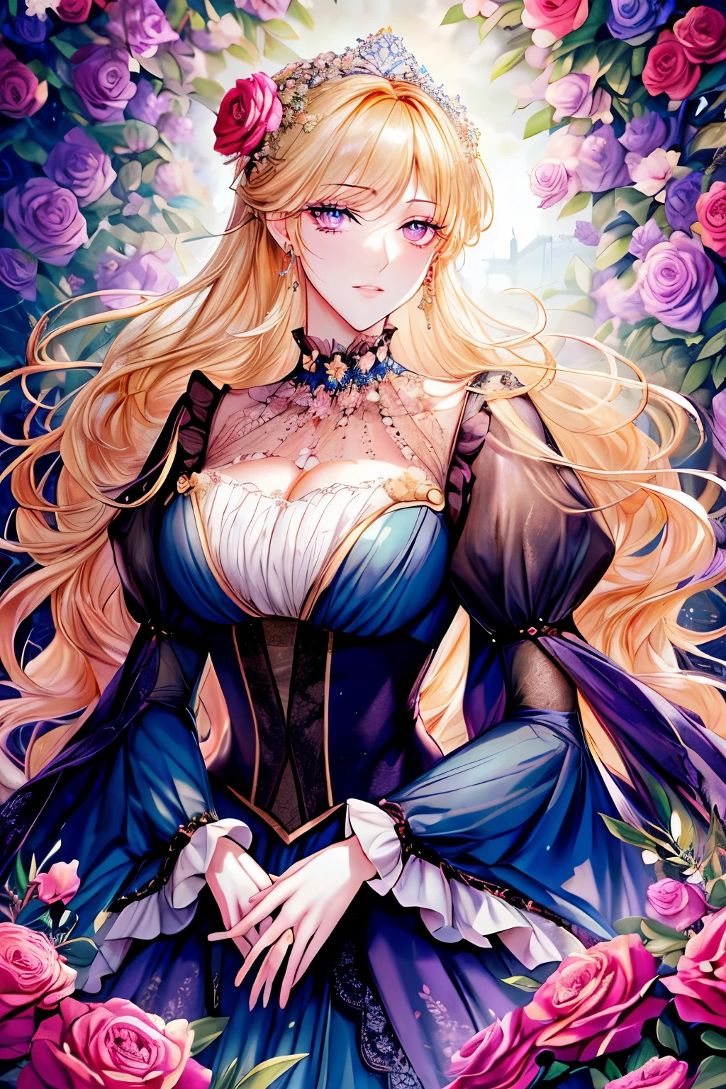 Kuroume_1024, ((shoujo-style, floral background, romance manhwa)), Beautiful woman standing, (Princess),kind,medieval europe,Glamorous long dress,(beautiful and delicate ornaments),(Jewelry Hair Ornament),Madame de,frills,(Lustrous blonde hair),(purple eyes),Upper body, (masterpiece, high quality, 最high quality), (colorful),(delicate eyes and face),Dresses of the Rococo era, virago sleeve,french garden,Fluttering petals,rose garden,null, blue null, Sunny, fantasy, the wind is strong, city, outdoor, flowers, lake,bluebird,firebird