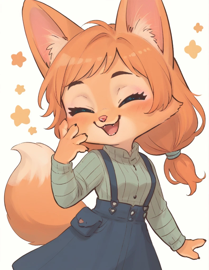 little fox, kid girl fox, little kid, ginger fur, long hair, ginger hair, blue eyes, pink nose, fox tail, fox ears, face similar of Diane Foxington, kid, cute, chibi, alone, ginger hair, tied hair, 4 fingers, open mouth, eyes closed, profile, cartoon, toon, chibi, cute girl, simple background, white background