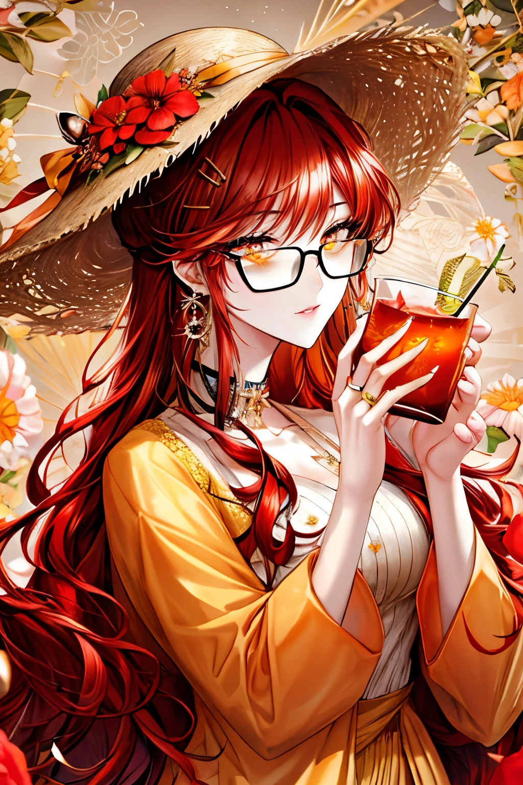 Kuroume_1024, ((shoujo-style, floral background, romance manhwa)), absurdres, highres, ultra detailed, 1girl, solo, extremely detailed eyes, starfish, seashell, shell, flower, hat, hair ornament, jewelry, straw hat, looking at viewer, sunglasses, hat flower, drinking straw, hairclip, earrings, red flower, tinted eyewear, yellow flower, bangs, english text, multicolored hair, orange flower, black hair, ring, cup, long hair, orange-tinted eyewear, food, brown hair, portrait, shell hair ornament