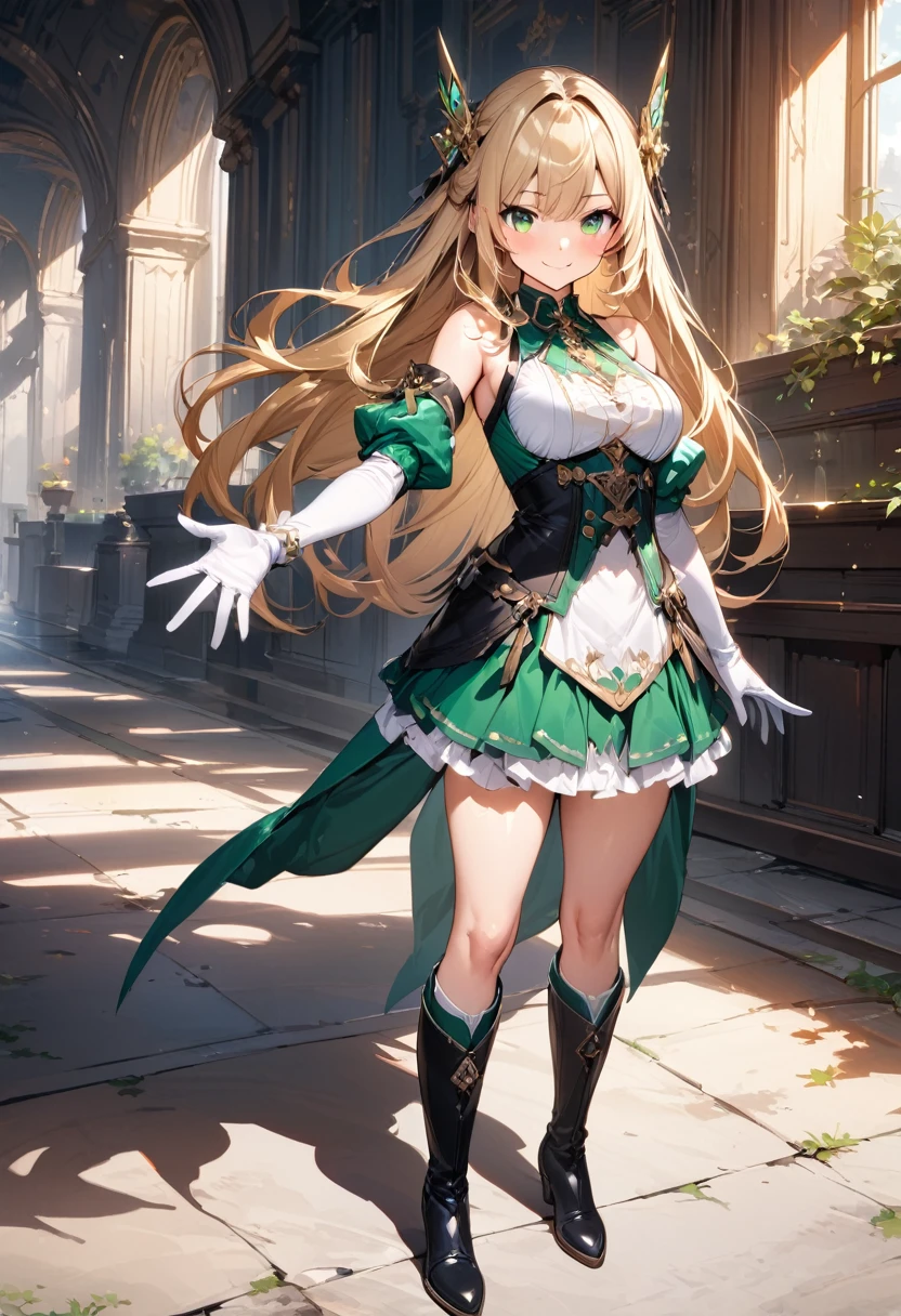 (masterpiece),(best quality),(ultra-detailed),(best illustration),(best shadow),(absurdres),(detailed background),(very aesthetic), 1girl, green-eyes, solo, gloves, blonde-hair, ((long-hair)), white-gloves, looking-at-viewer, full-body, simple-background, boots, dress, breasts, smile, standing, hair-ornament, closed-mouth, bangs, outstretched-arms, knee-boots, medium-breasts, bare-shoulders, detached-sleeves, ribbon, headgear, blush, sleeveless, elbow-gloves, skirt
