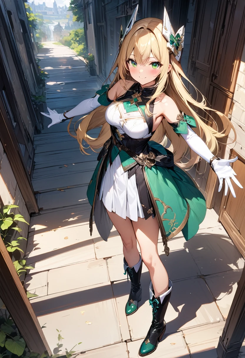 (masterpiece),(best quality),(ultra-detailed),(best illustration),(best shadow),(absurdres),(detailed background),(very aesthetic), 1girl, green-eyes, solo, gloves, blonde-hair, ((long-hair)), white-gloves, looking-at-viewer, full-body, simple-background, boots, dress, breasts, smile, standing, hair-ornament, closed-mouth, bangs, outstretched-arms, knee-boots, medium-breasts, bare-shoulders, detached-sleeves, ribbon, headgear, blush, sleeveless, elbow-gloves, skirt
