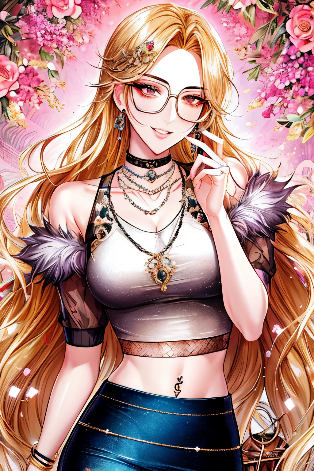 Kuroume_1024, ((shoujo-style, floral background, romance manhwa)), blonde hair, phone, jewelry, sunglasses, earrings, long hair, crop top, handbag, very long hair, hair ornament, midriff, choker, makeup, bracelet, navel piercing, miniskirt, piercing, hairclip, necklace, ring, looking to the side, brown eyes, smile, sparkle, cowboy shot, cropped shirt, blue skirt, fur trim, alternate costume, short sleeves, forehead, white shirt, standing, gyaru, glasses, fishnets, ear piercing, tattoo, fur-trimmed skirt, eyeshadow, parted lips