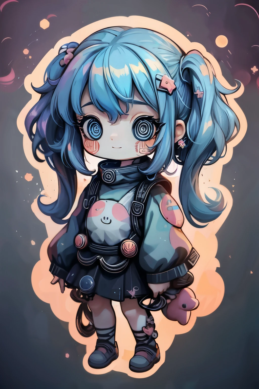 #quality(8k,best quality, masterpiece),solo, #1girl(cute, kawaii,small kid,smile,hair floating,hair color cosmic,pigtail hair ,skin color blue,pale skin,eye color cosmic,eyes shining,big eyes,damaged clothes,heavy metal costume,smirk),#background(very simple,monotone)