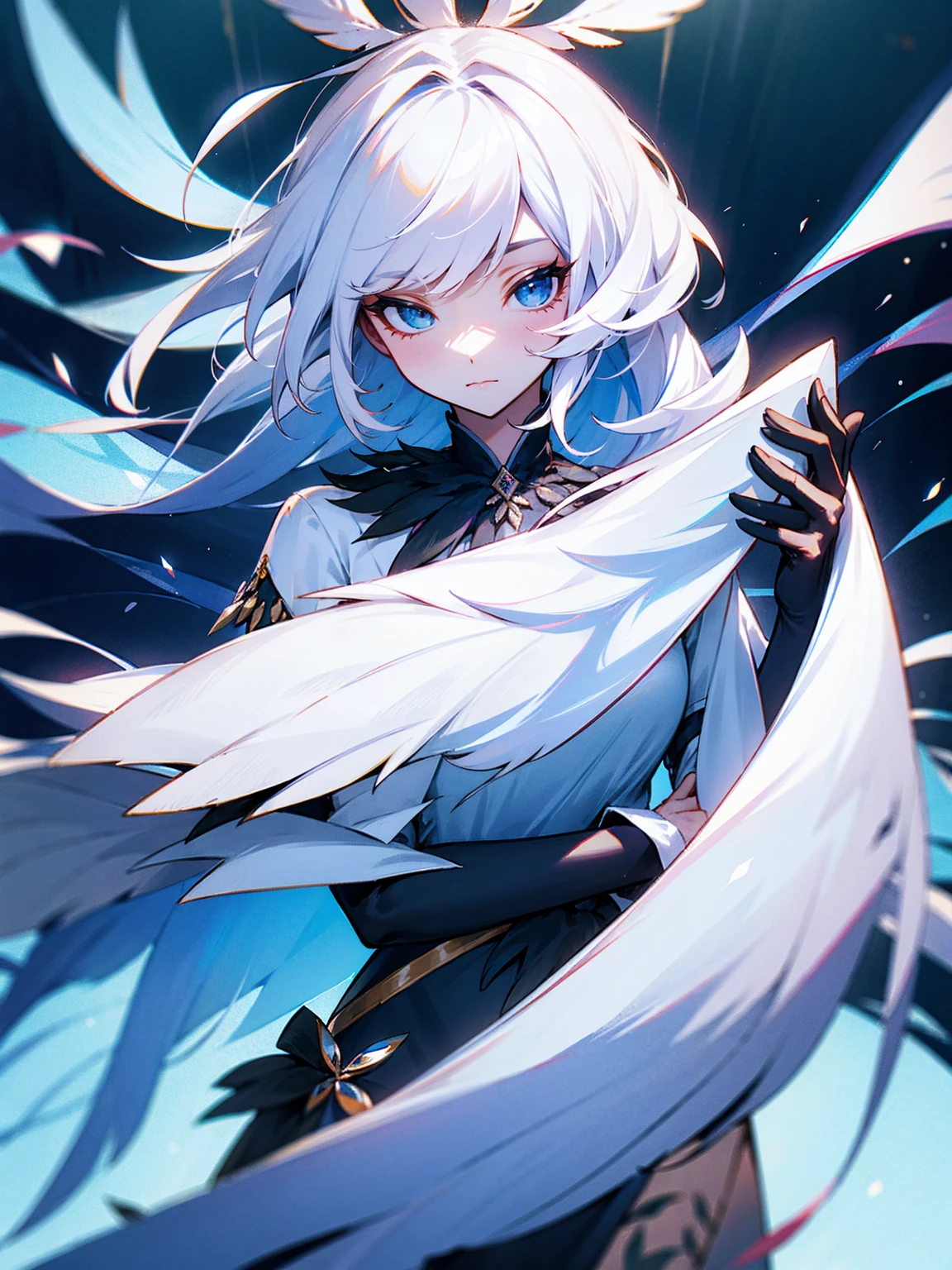 1female, feathered hair, dress, white hair,                                                                            