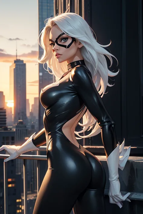 black cat, marvel comics, very slim young sexy woman, small and perfect waist, marked abdomen, small and beautiful breasts, smal...