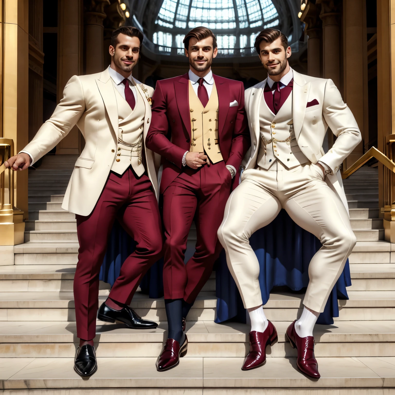 full view full body, three High end white european dapper guys with ugly big strong snouts, wearing the best hype finest dapper suits and finest elegant dress shoes and finest thinest burgundy dress socks, dapper jewelery and rings, sitting on big stairs, posing at Fashion week front Grand-Palais in Paris, arrogantly smiling showing off most whitest teeth ever