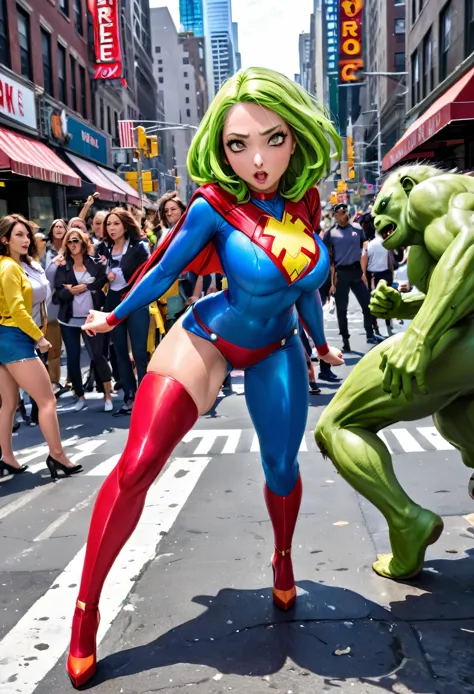 a cute woman (super heroine outfit, crazy matching hair, powers on display) heroic pose, street of new york, facing down a mob o...