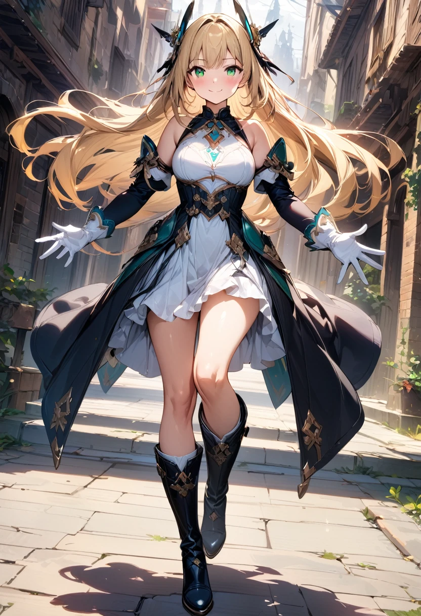 (masterpiece),(best quality),(ultra-detailed),(best illustration),(best shadow),(absurdres),(detailed background),(very aesthetic), 1girl, green-eyes, solo, gloves, blonde-hair, ((long-hair)), white-gloves, looking-at-viewer, full-body, simple-background, boots, dress, breasts, smile, standing, hair-ornament, closed-mouth, bangs, outstretched-arms, knee-boots, medium-breasts, bare-shoulders, detached-sleeves, ribbon, headgear, blush, sleeveless, elbow-gloves, skirt
