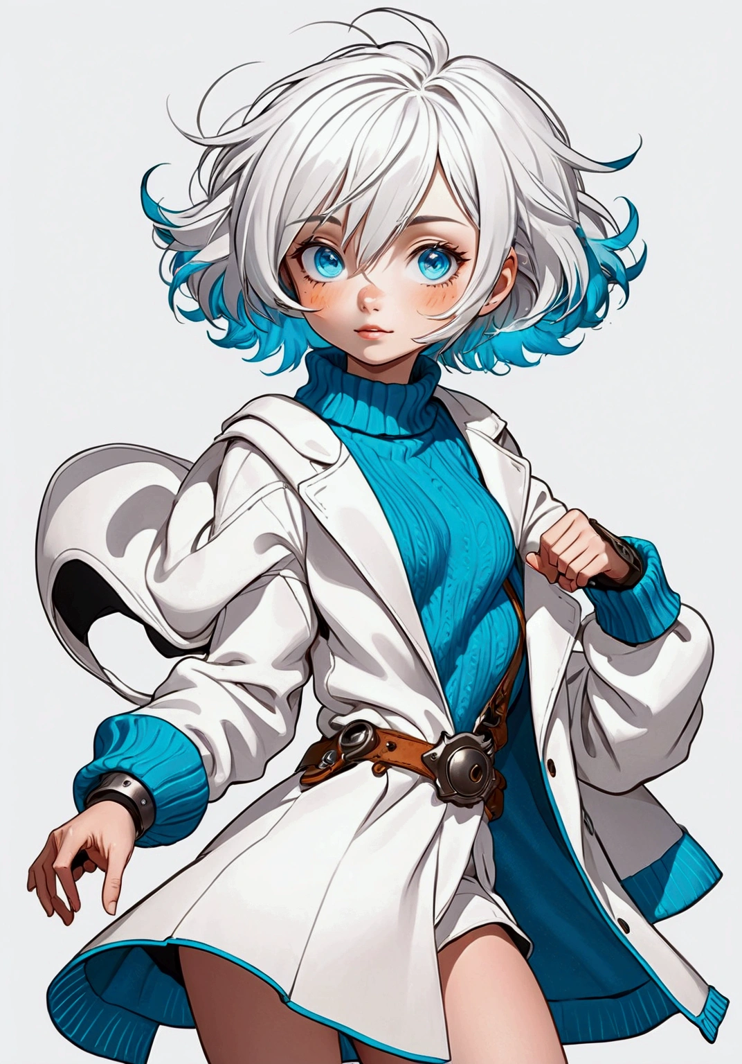 fantasy style drawing of a beautiful adventurous girl with short white hair, blue eyes, (metal prosthetic right arm), (wearing blue sweater), white skirt, (loose white coat with blue trim on the ends), posing for a photo, cheerful expression, highly detailed, masterpiece, 8k, digital painting, concept art, cinematic lighting, dramatic lighting, chiaroscuro, warm colors