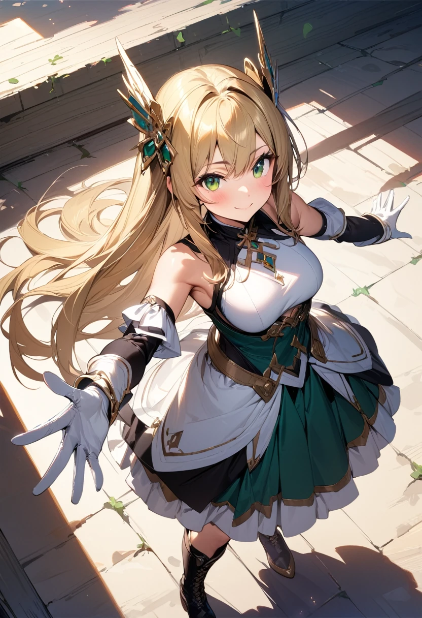 (masterpiece),(best quality),(ultra-detailed),(best illustration),(best shadow),(absurdres),(detailed background),(very aesthetic), 1girl, green-eyes, solo, gloves, blonde-hair, ((long-hair)), white-gloves, looking-at-viewer, full-body, simple-background, boots, dress, breasts, smile, standing, hair-ornament, closed-mouth, bangs, outstretched-arms, knee-boots, medium-breasts, bare-shoulders, detached-sleeves, ribbon, headgear, blush, sleeveless, elbow-gloves, skirt
